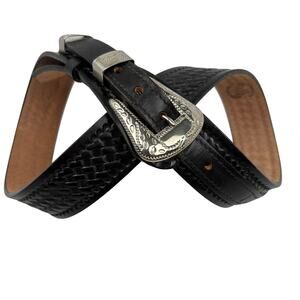 Sundance Leather Western Belt Black Tooled Top Grain Cowhide Size 30 Made in USA